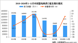 2024年1-11月中國蓄電池進口數據統計分析：進口量同比增長4.5%