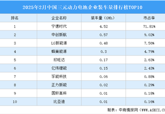 2025年2月中國三元動力電池企業裝車量排行榜TOP10（附榜單）