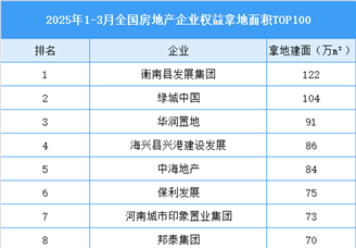 2025年1-3月中國房地產企業權益拿地面積TOP100（圖）